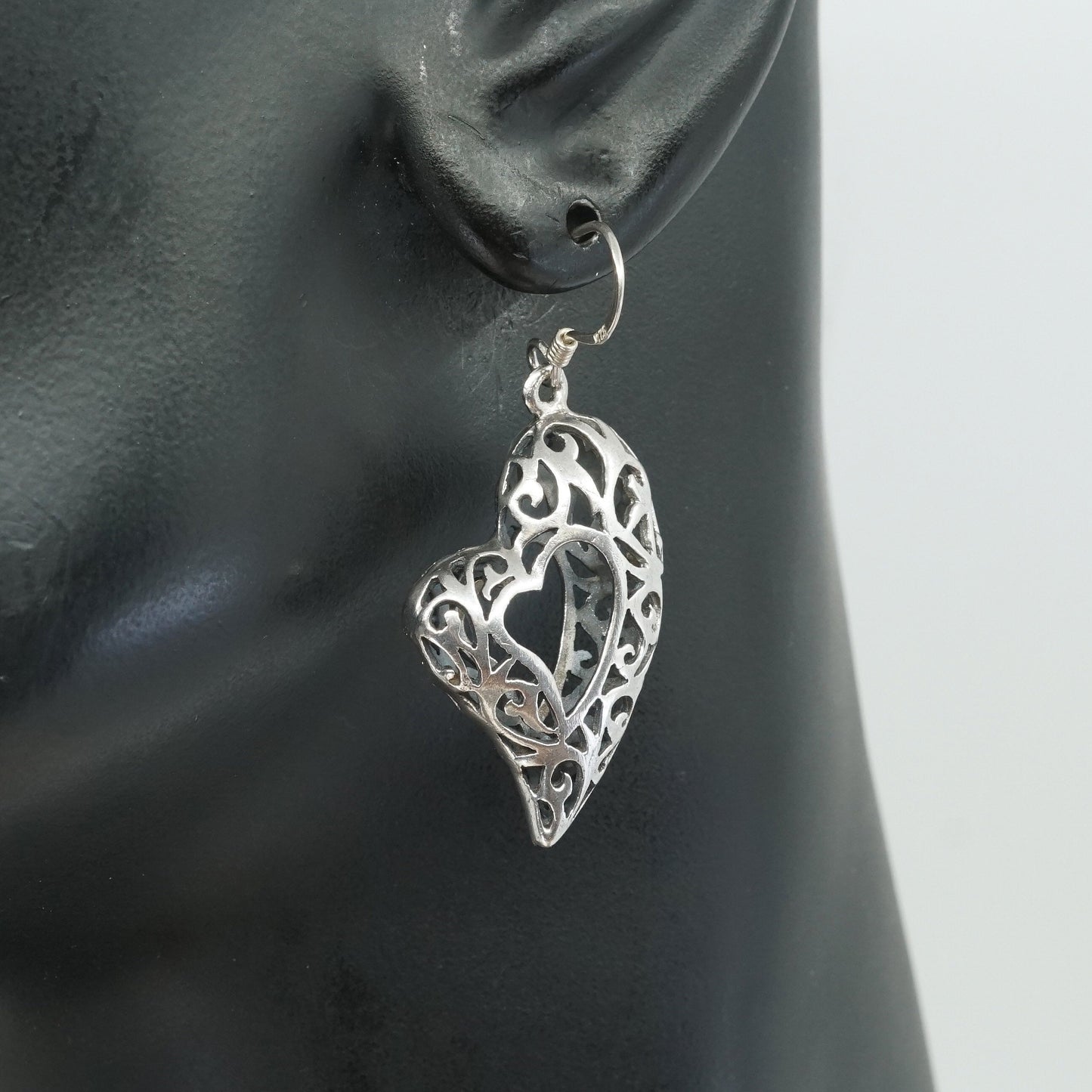 vtg Sterling silver handmade earrings, 925 filigree heart drops