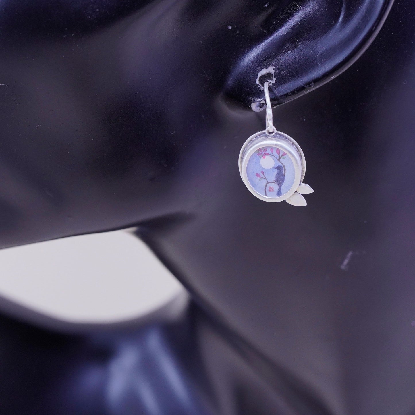 Designer Ananda KHALSA Sterling 925 silver handmade earrings, watercolor blue bird with Raven Petal, stamped 925 A