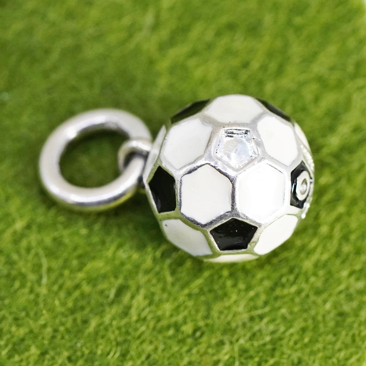 vtg sterling silver pendant, 925 Mexico silver 3D football soccer charm enamel