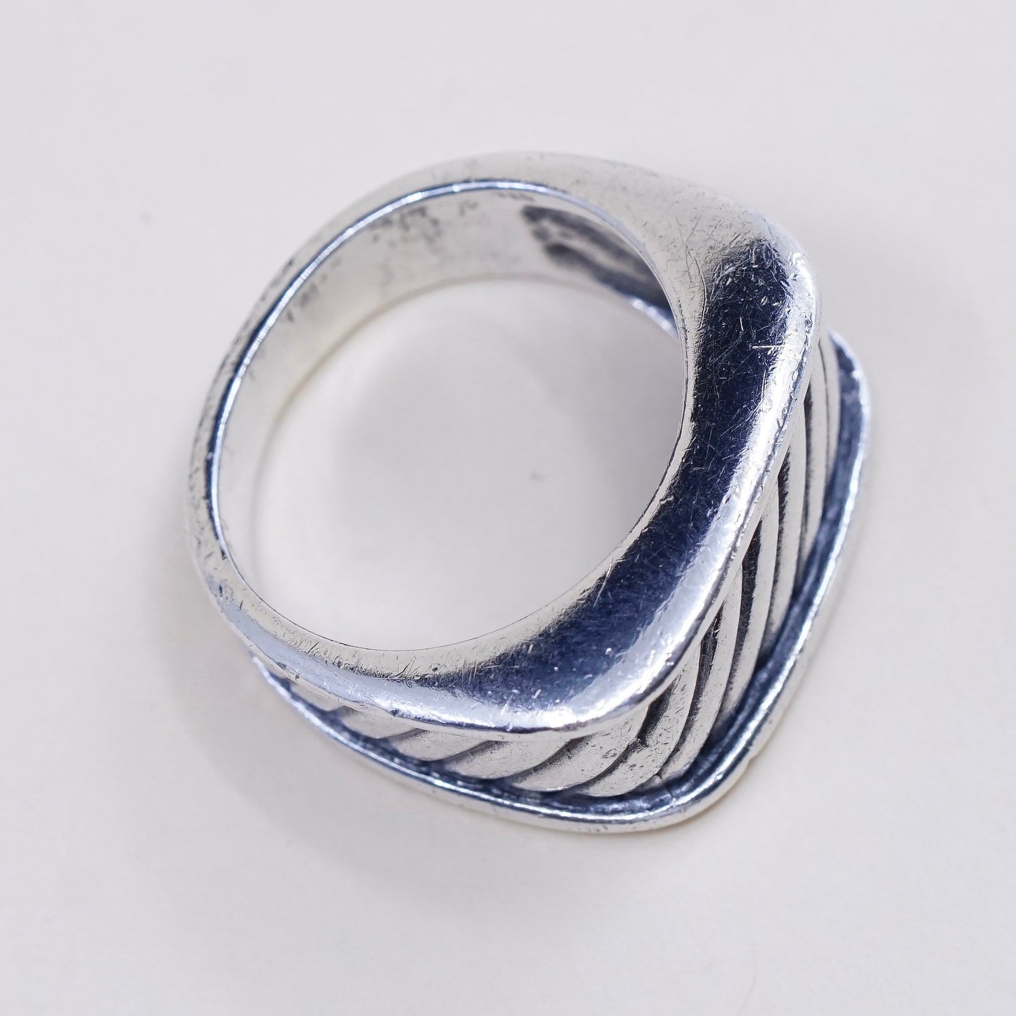 sz 6, vtg sterling silver handmade statement ring, 925 cable ribbed band