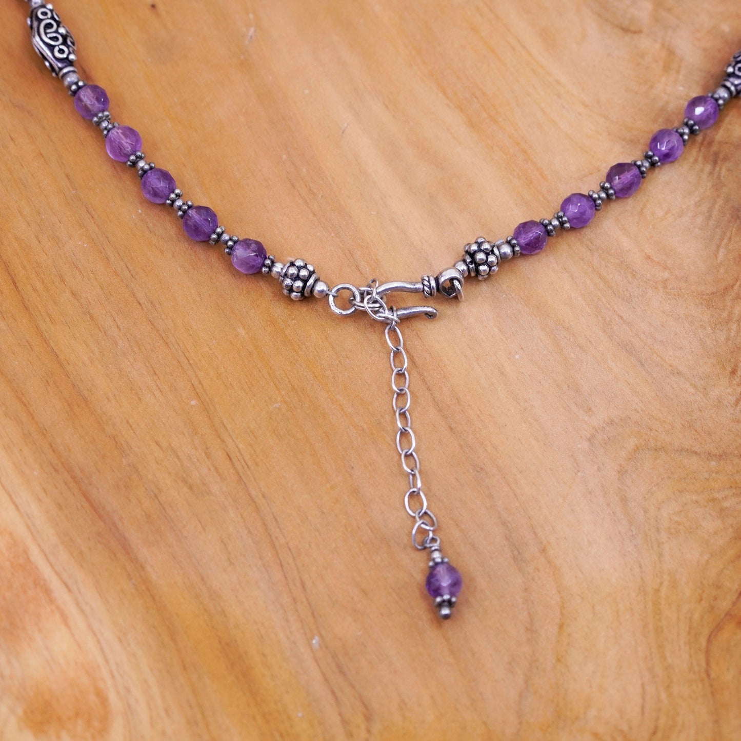 16+2”, Sterling 925 silver handmade necklace with cross pendant amethyst beads