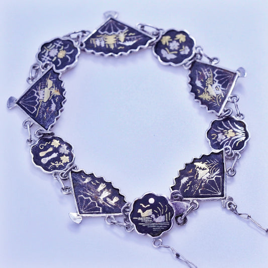 6.5”, Vintage 1950s Japanese shakudo Sterling 925 silver handmade bracelet