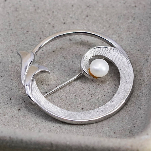 Vintage Sterling 925 silver handmade circle brooch pendant with pearl, elegant