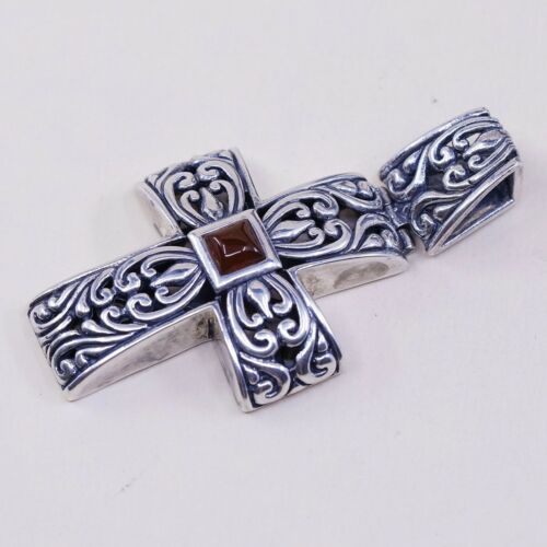 Vintage Sterling Silver Handmade Pendant, 925 Filigree Bali cross W/ Carnelian