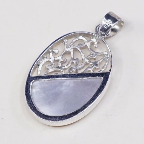 Vtg Sterling 925 Silver Handmade Oval Pendant W/ White Mop N Filigree Details