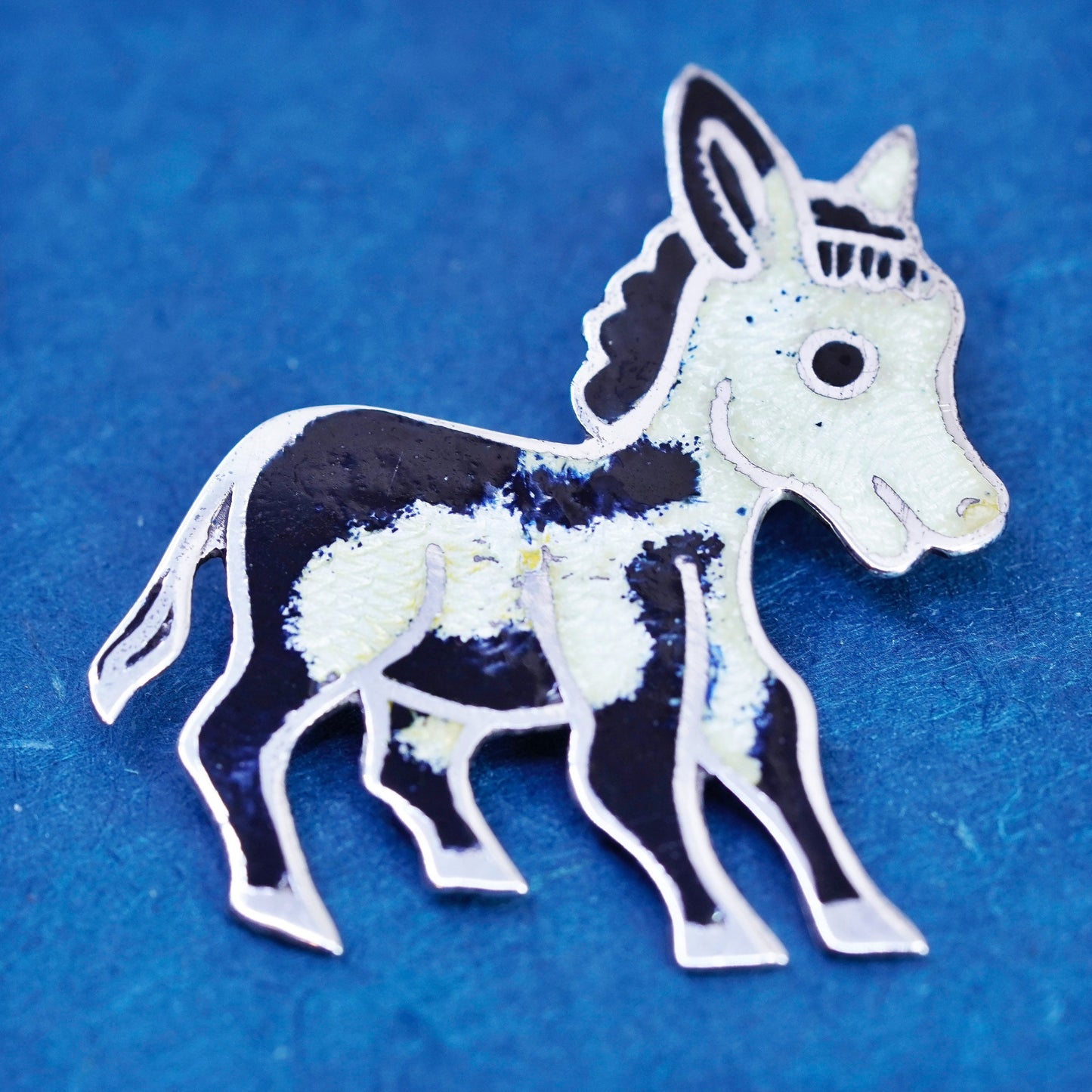 Vintage Mexico Sterling silver handmade brooch, 925 enamel donkey pin