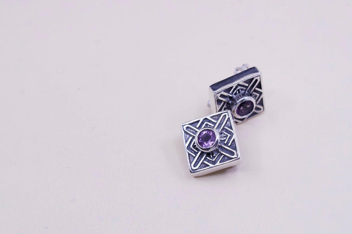 Vintage Sterling 925 silver handmade clip on square earrings with amethyst