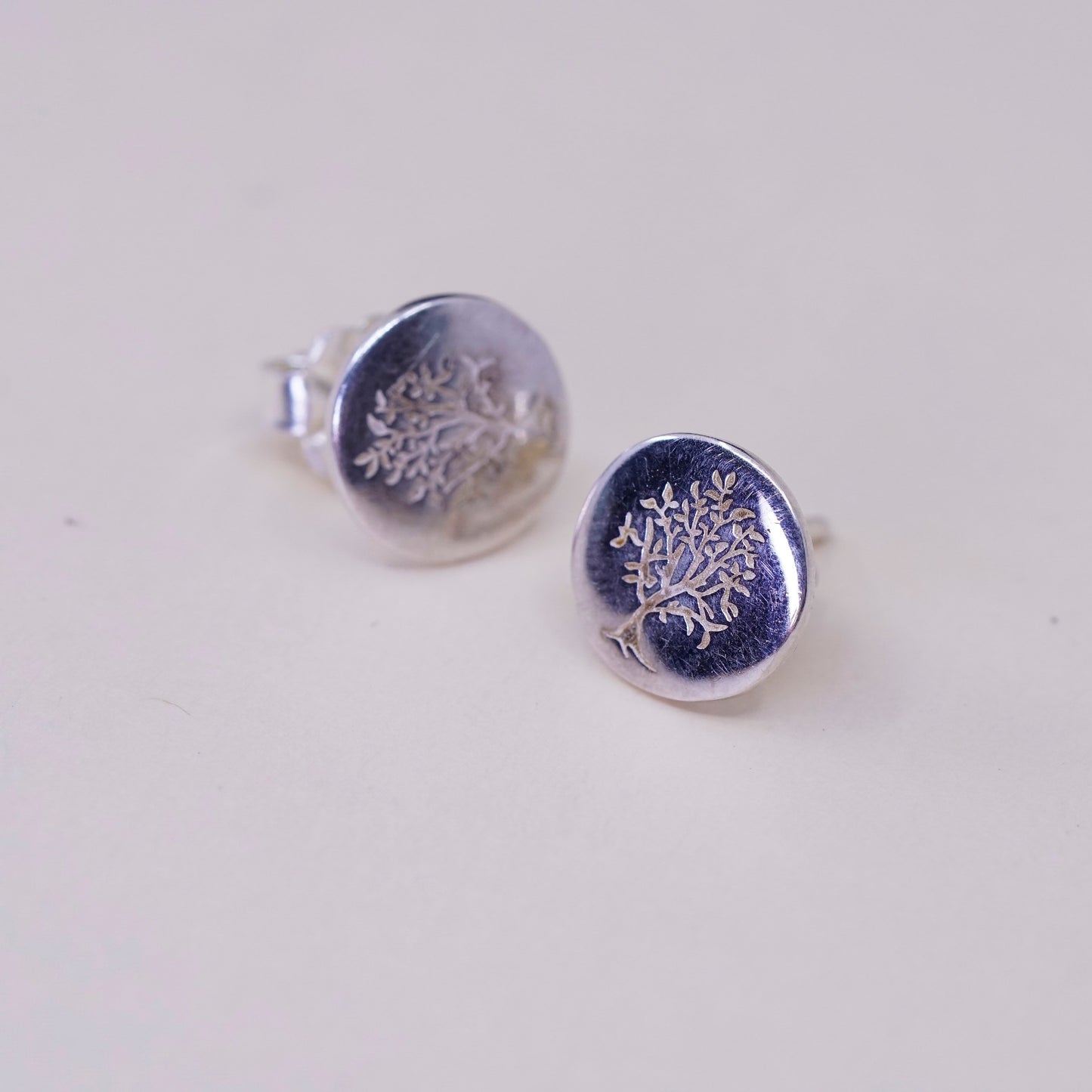 Vintage sterling silver handmade earrings, 925 circle studs with tree