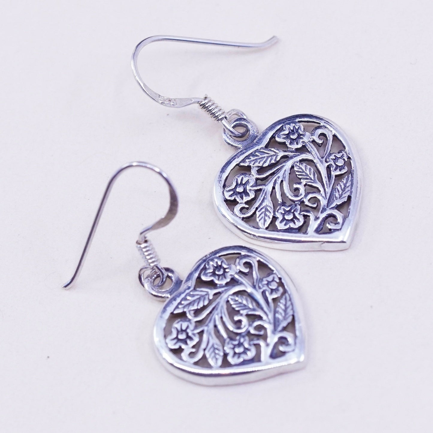 Vintage sterling silver handmade earrings, floral 925 filigree heart