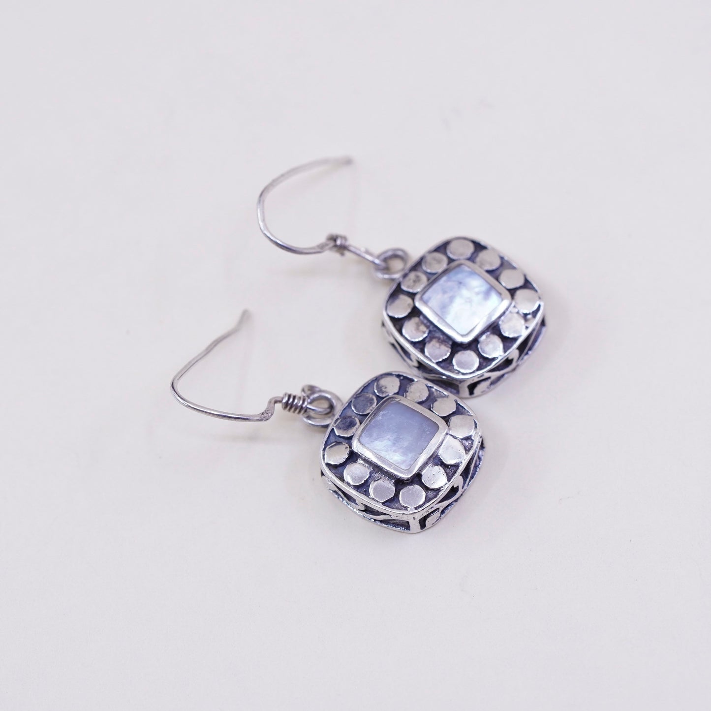 sterling silver handmade earrings, 925 square with mother of pearl and beads