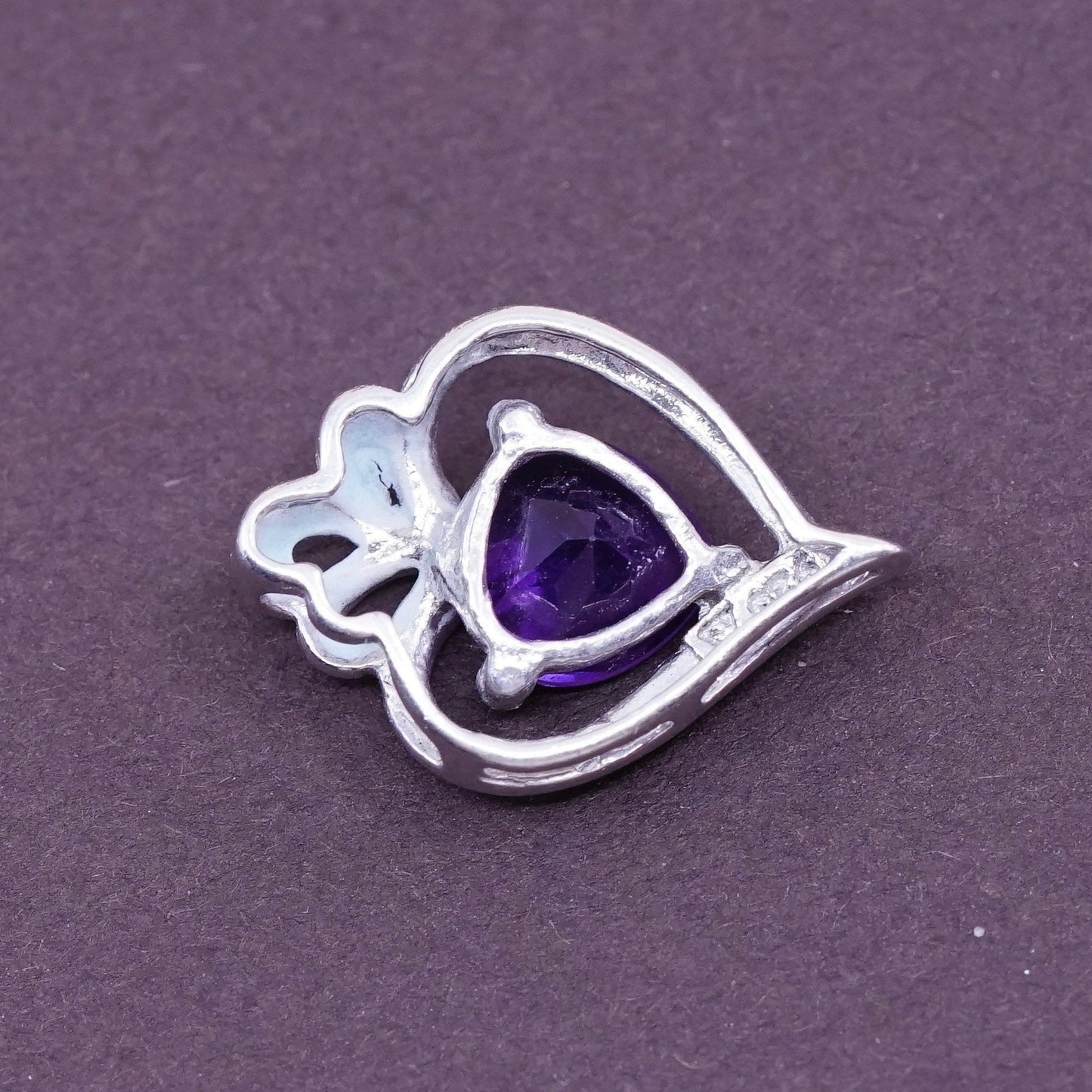 Vintage Sterling 925 silver handmade pendant, heart with amethyst center