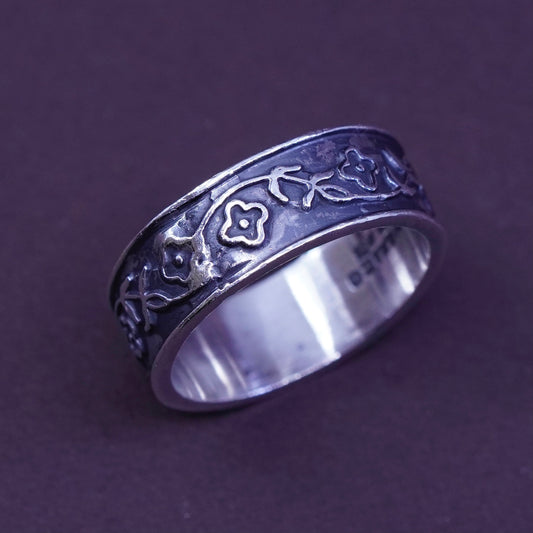Size 8.5, vtg Sterling silver handmade ring, 925 band embossed flower and vine