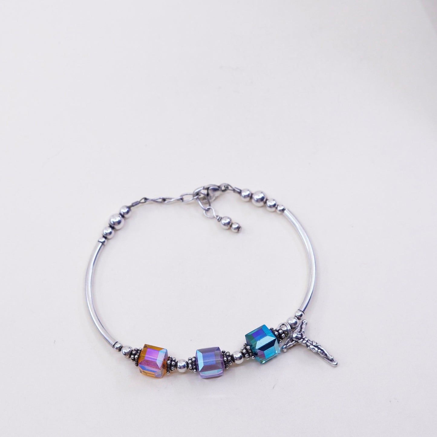 7”, Sterling 925 silver handmade bracelet Swarovski crystal beads N cross charm