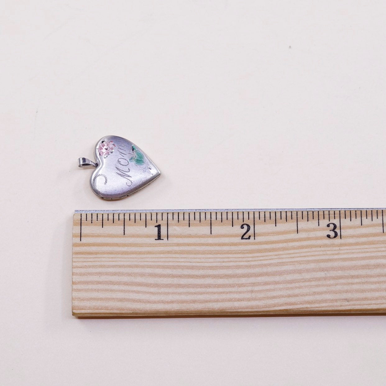 VTG sterling silver heart photo locket charm, 925 pendant embossed “mom”