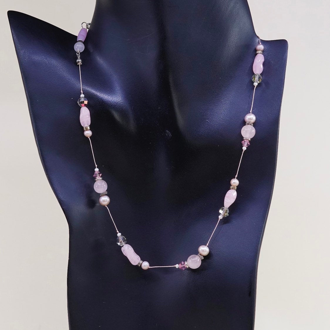 18”, vtg handmade Sterling silver clasp with pink quartz beads necklace