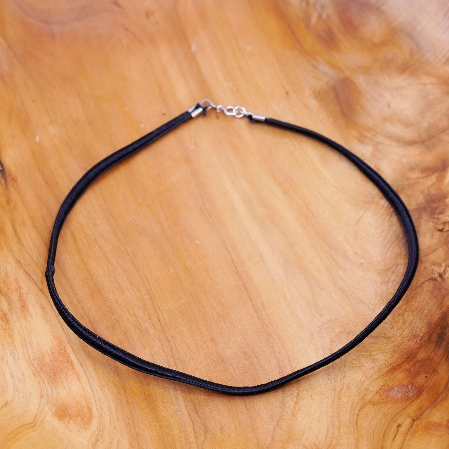 16”, handmade necklace, black fiber thread choker with sterling silver clasp