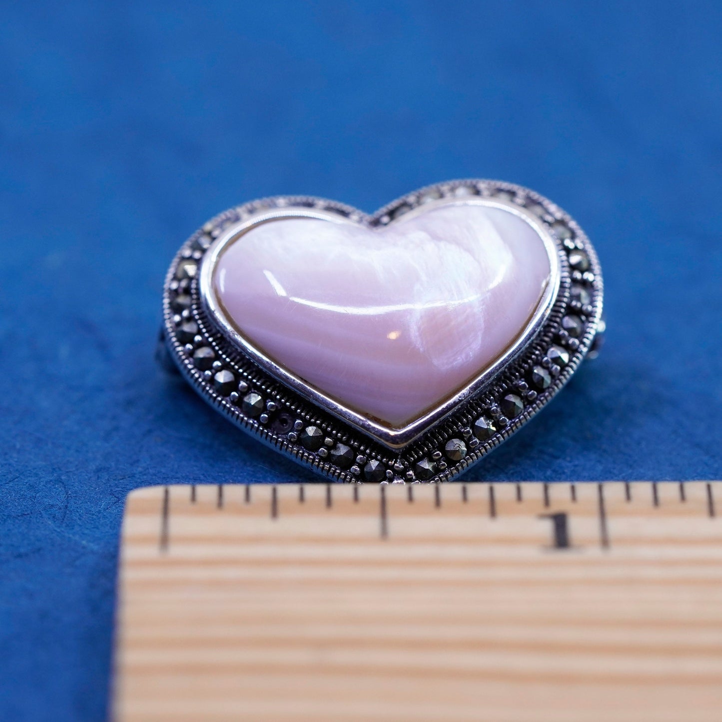 sterling silver handmade brooch, 925 heart pendant mother of pearl marcasite