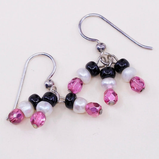 Vintage Sterling 925 silver handmade earrings with pearl and pink Cz