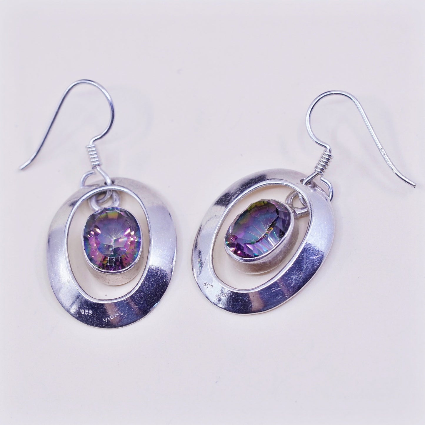 Vintage sterling 925 silver handmade earrings with rainbow topaz drops, stamped 925