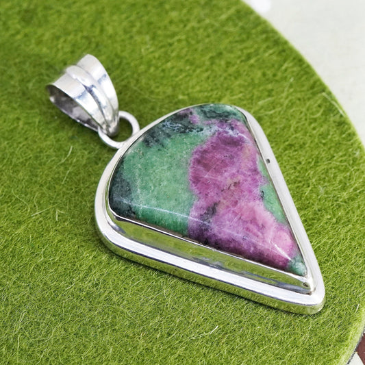 Vintage sterling silver handmade pendant, Mexican 925 teardrop w/ ruby zoisite