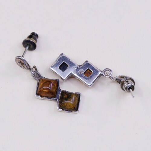 Vtg Sterling Silver Handmade Amber earrings, 925 silver dangles, Stamped 925