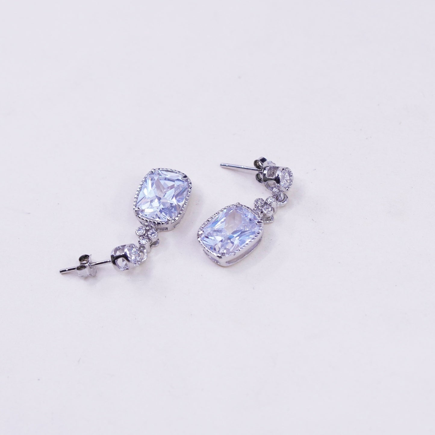 Vintage sterling 925 silver handmade earrings with rectangular CZ