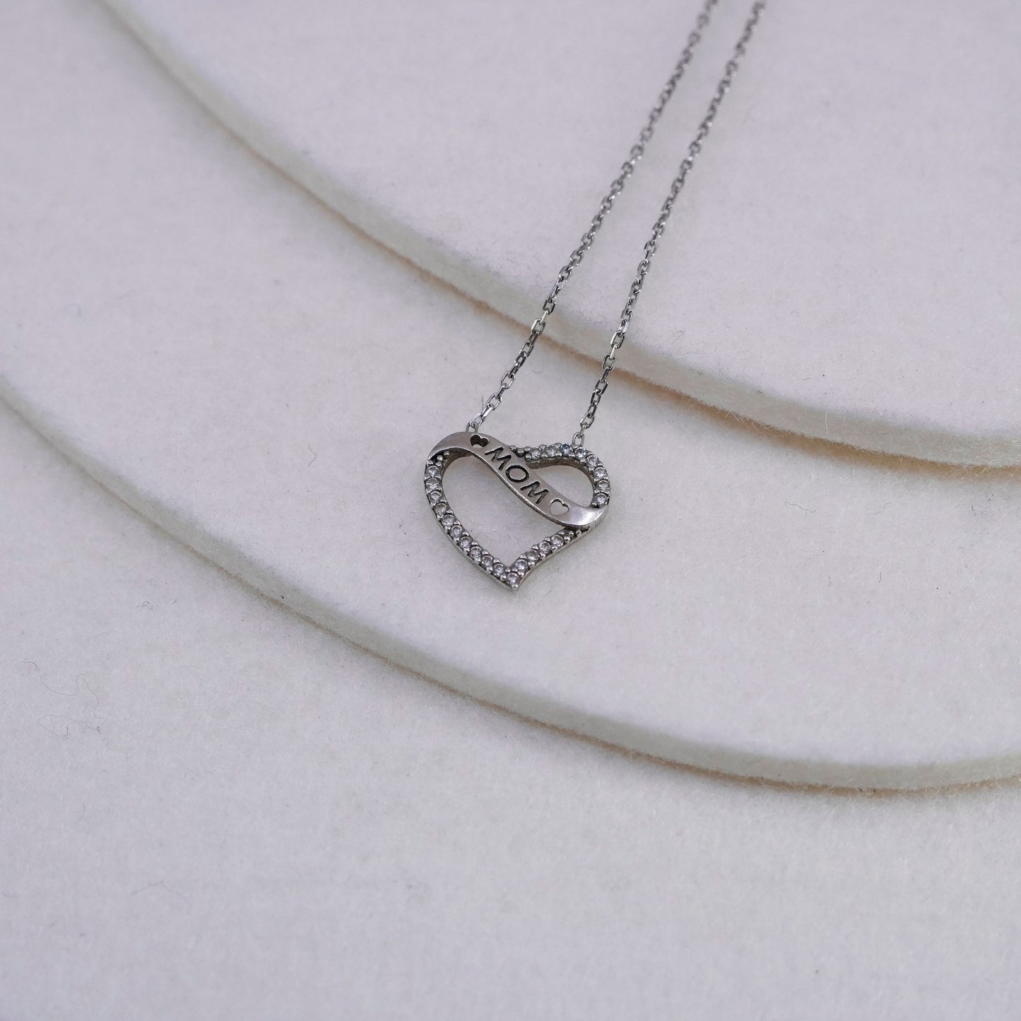 17+1”, Sterling 925 silver handmade circle necklace with cz heart mom pendant