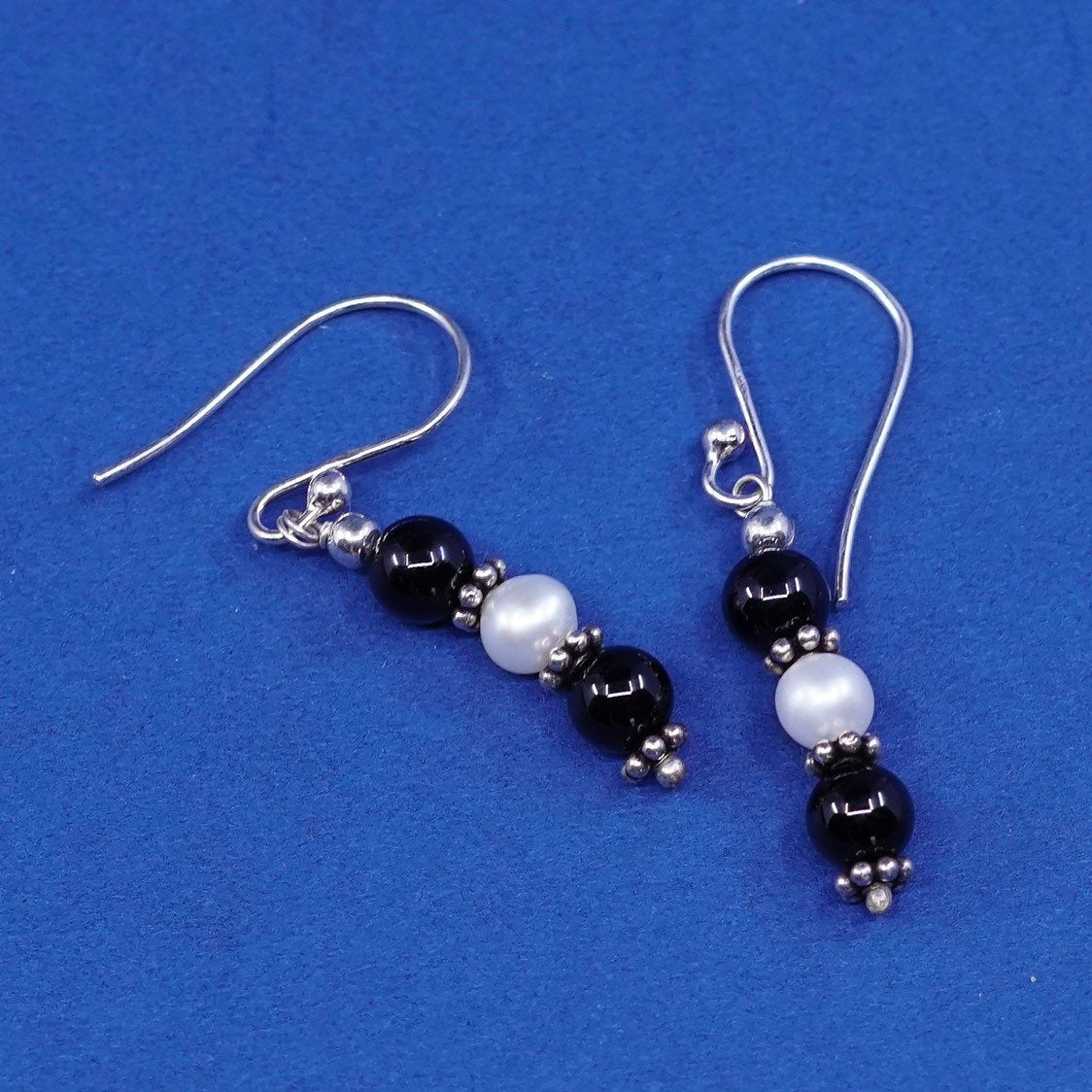 vtg Sterling silver handmade earrings, 925 w/ pearl N obsidian drops