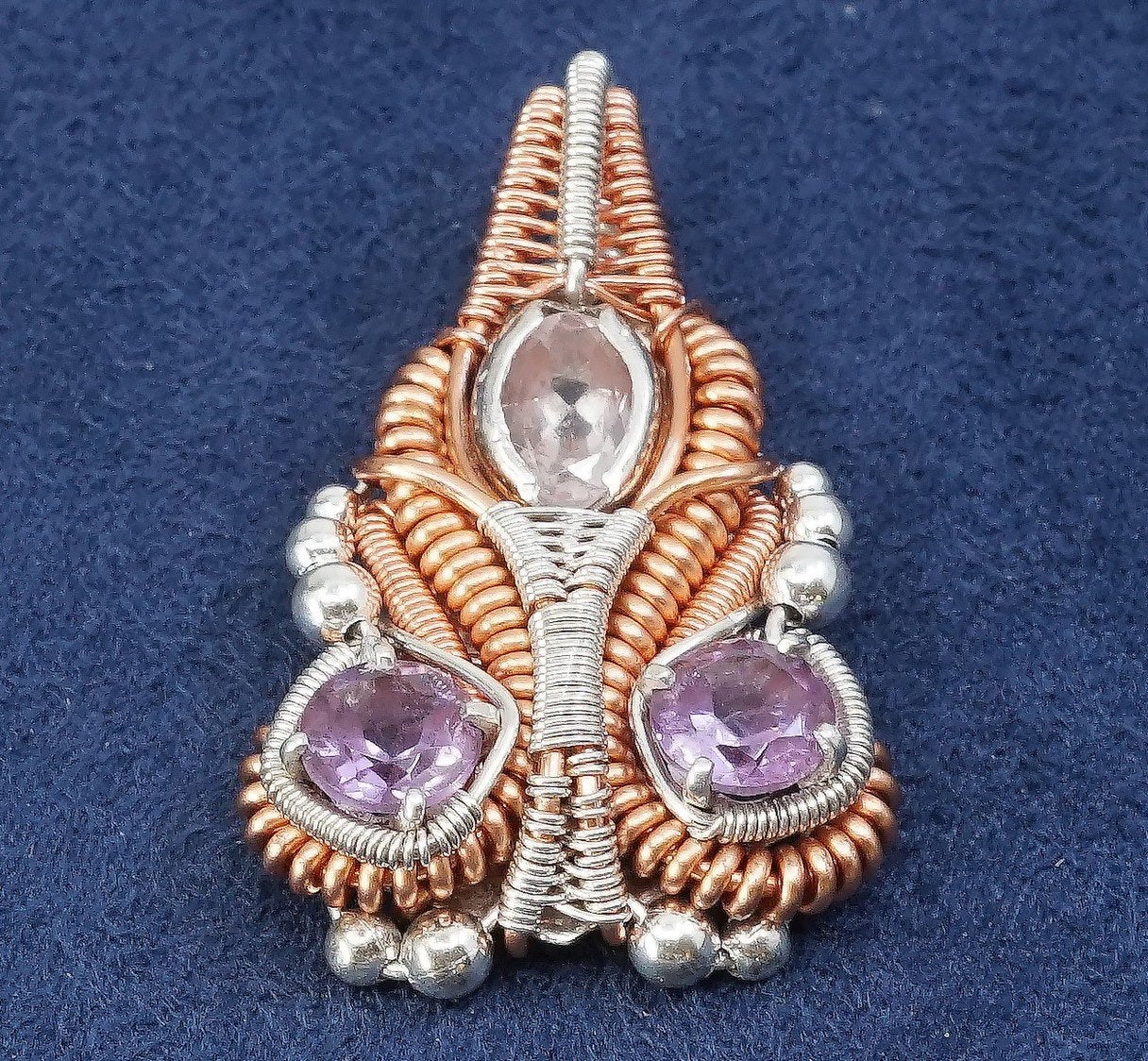 vtg two tone sterling silver with copper handmade pendant, 925 w/ amethyst