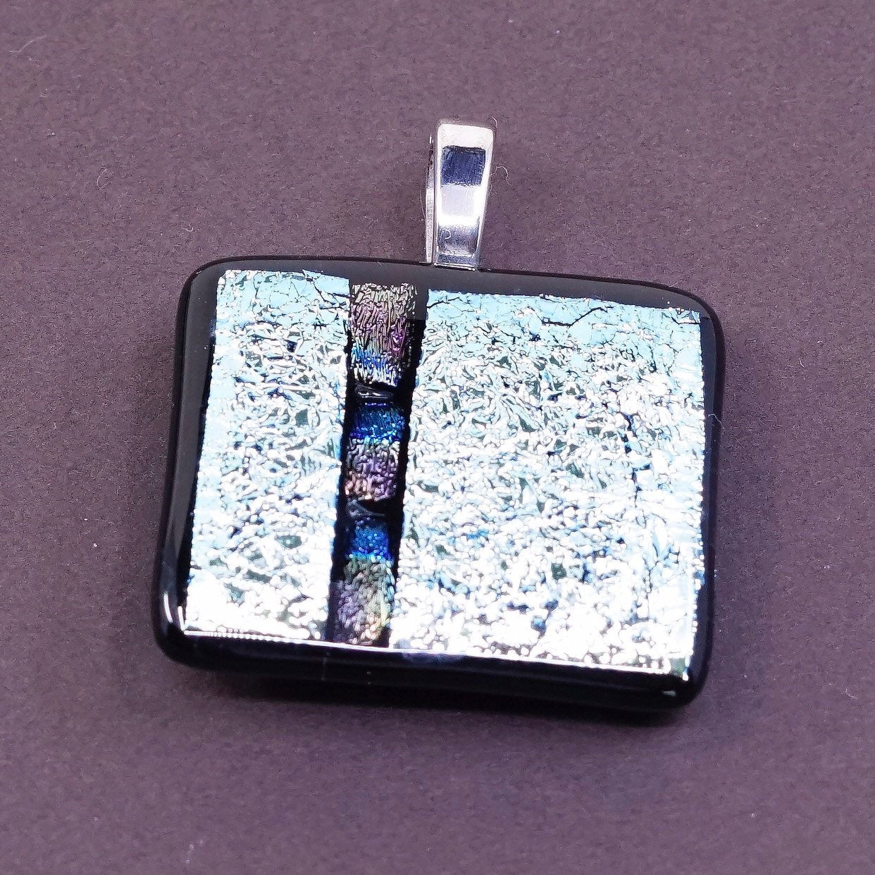 vtg Sterling silver handmade pendant, solid 925 silver with blue foil glass