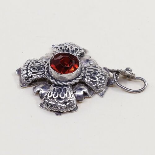 Vtg Filigree Jerusalem Cross Pendant 999 Sterling Silver W/ Glass Ruby