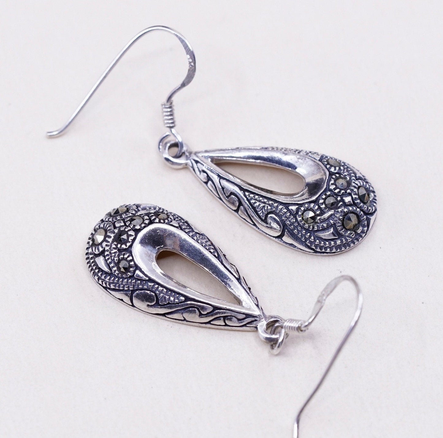 Vintage Sterling silver handmade earrings, 925 teardrop with marcasite