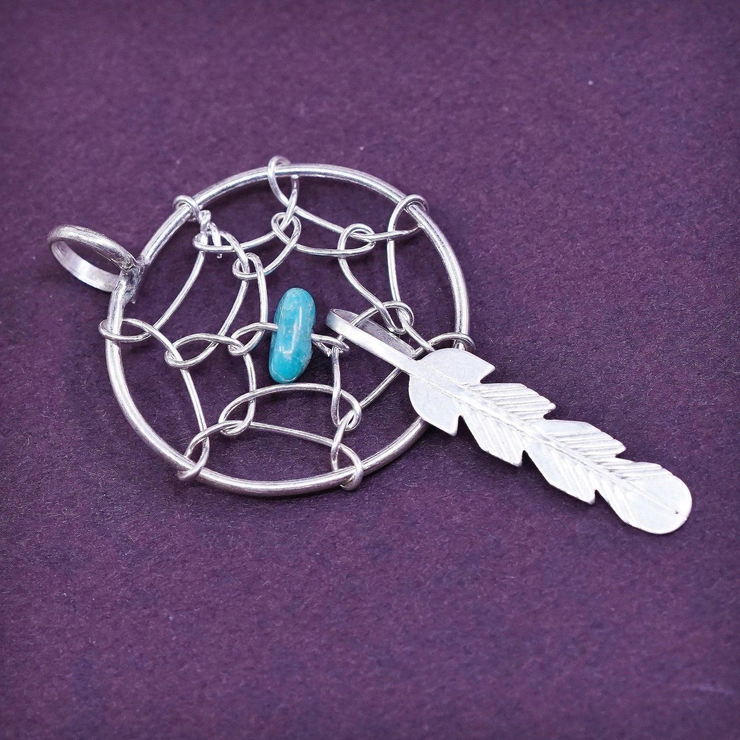 Sterling silver southwestern 925 net web pendant w/ turquoise n feather