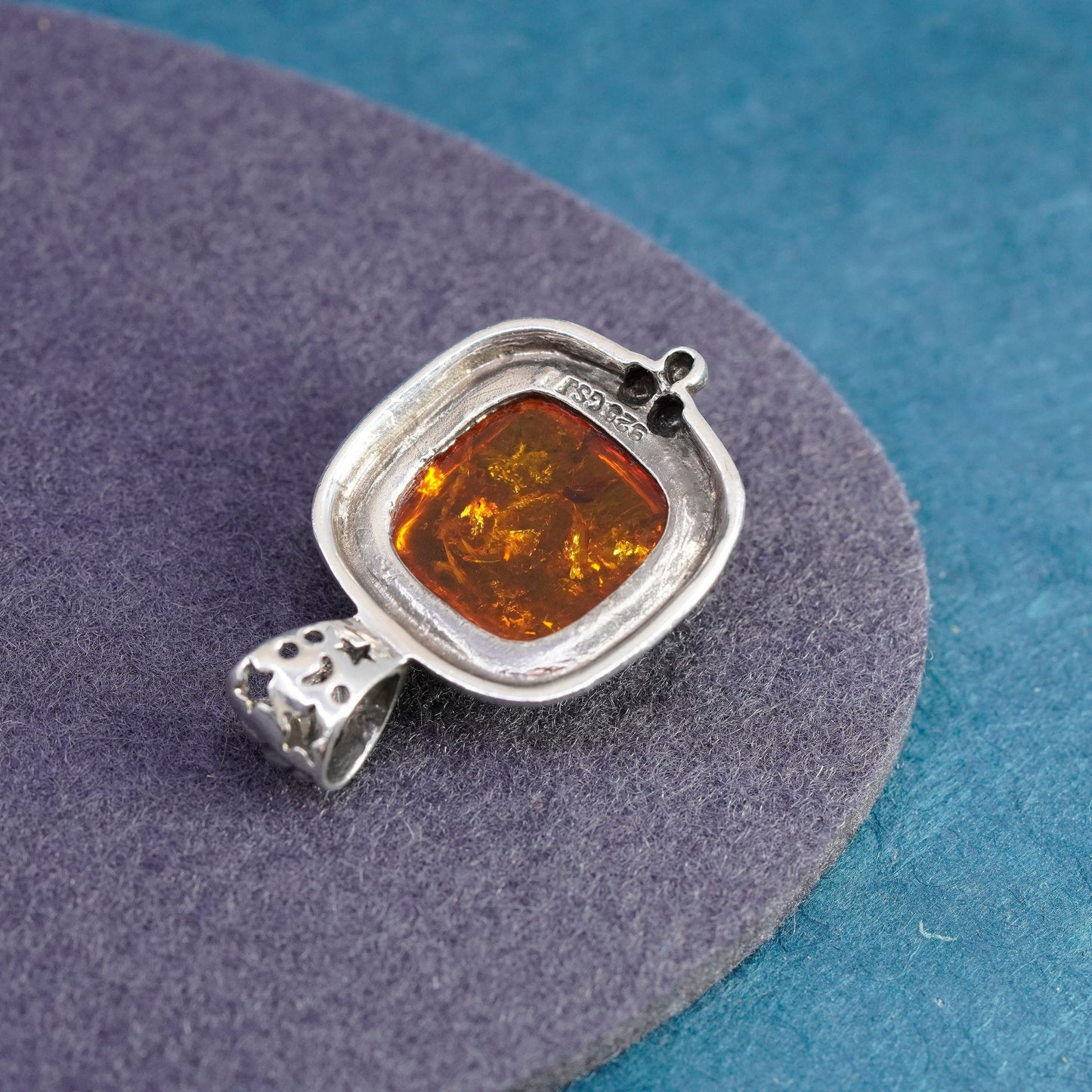 Vintage sterling silver handmade pendant, 925 resin amber and cable around