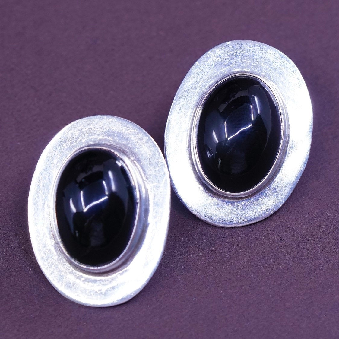 vtg Sterling silver handmade earrings, 925 studs w/ oval obsidian studs