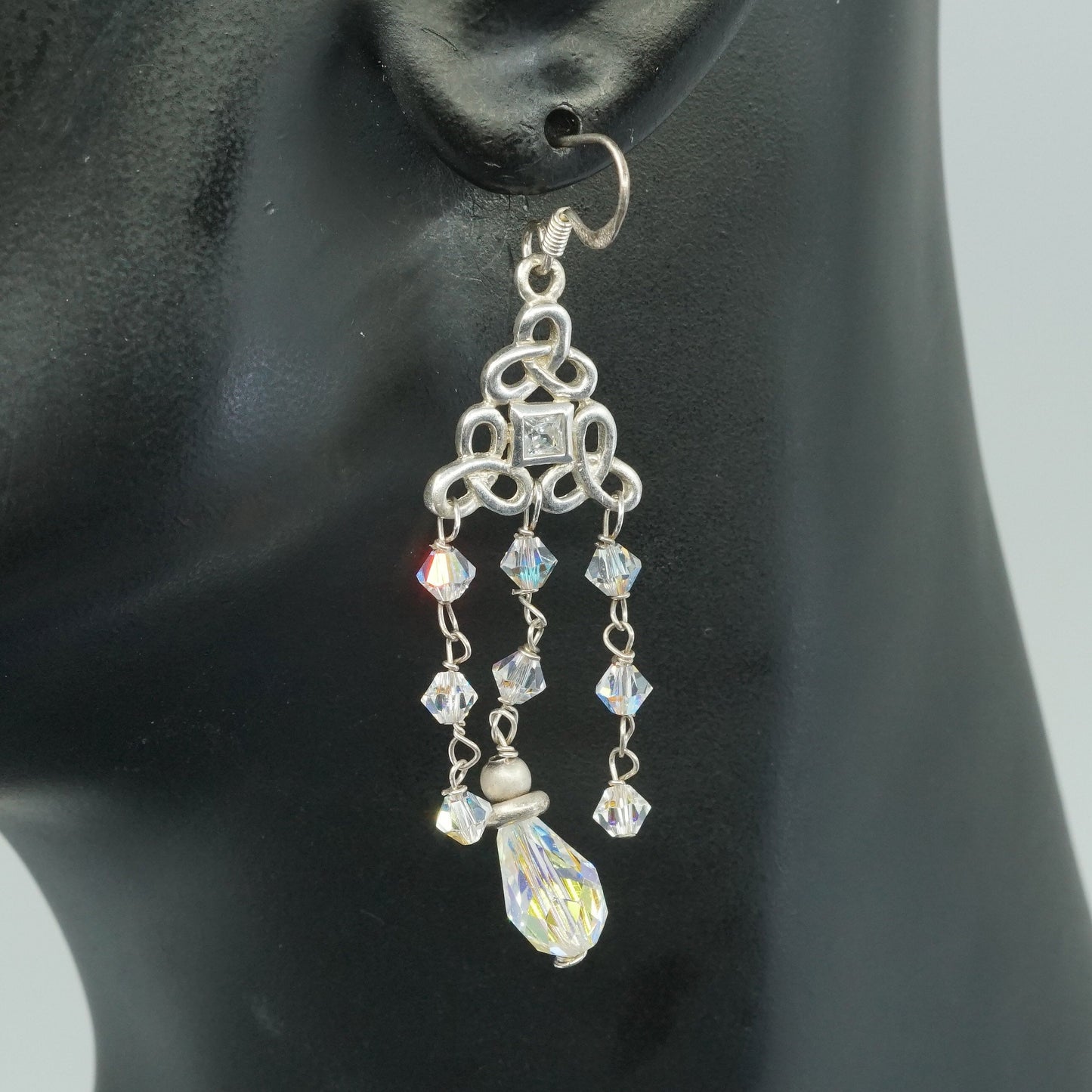 vtg Sterling silver handmade cluster earrings, 925 filigree dangles w/ crystal