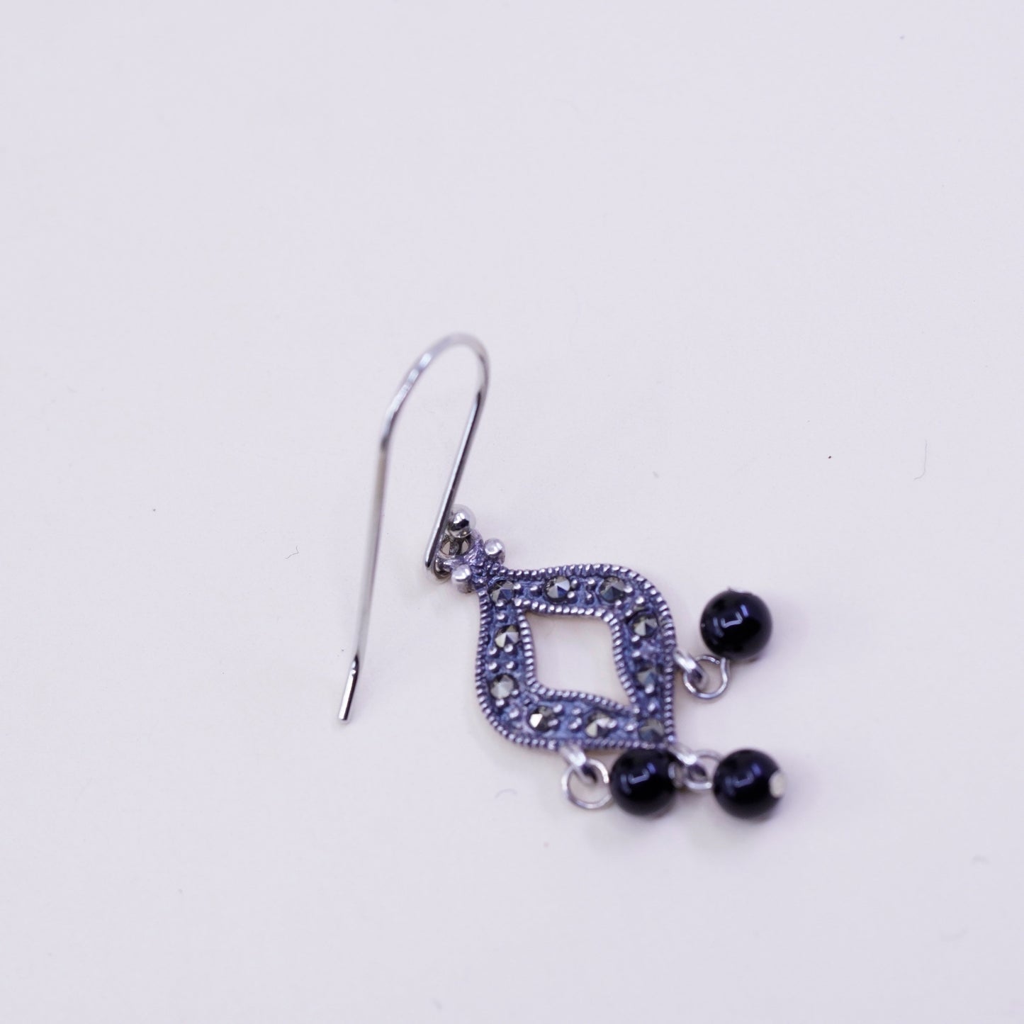 Vintage Sterling silver handmade earrings, 925 drops with obsidian and marcasite, stamped 925 China