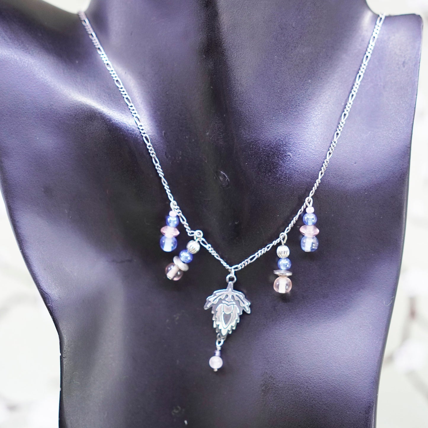 20”, far fetched sterling silver necklace, 925 figaro chain w/ blue glass beads