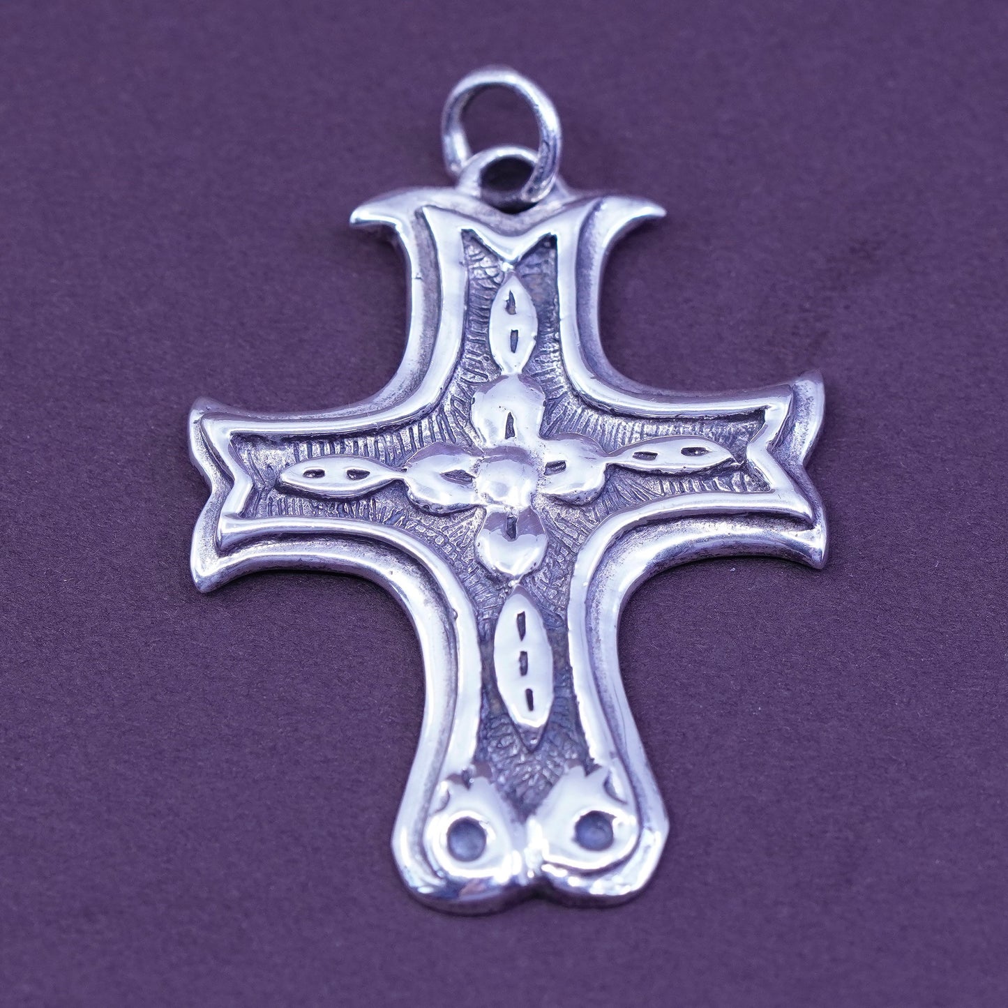 Vintage Sterling silver handmade pendant, big solid 925 embossed flower cross