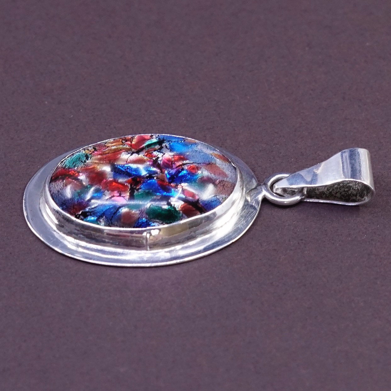 vtg Sterling silver handmade pendant, 925 with vivid colored foil glass