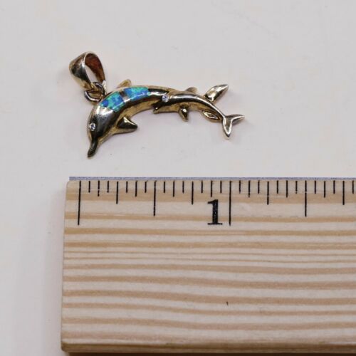 Vtg Vermeil Gold Over Sterling Silver Dolphin Pendant W/ Opal Inlay