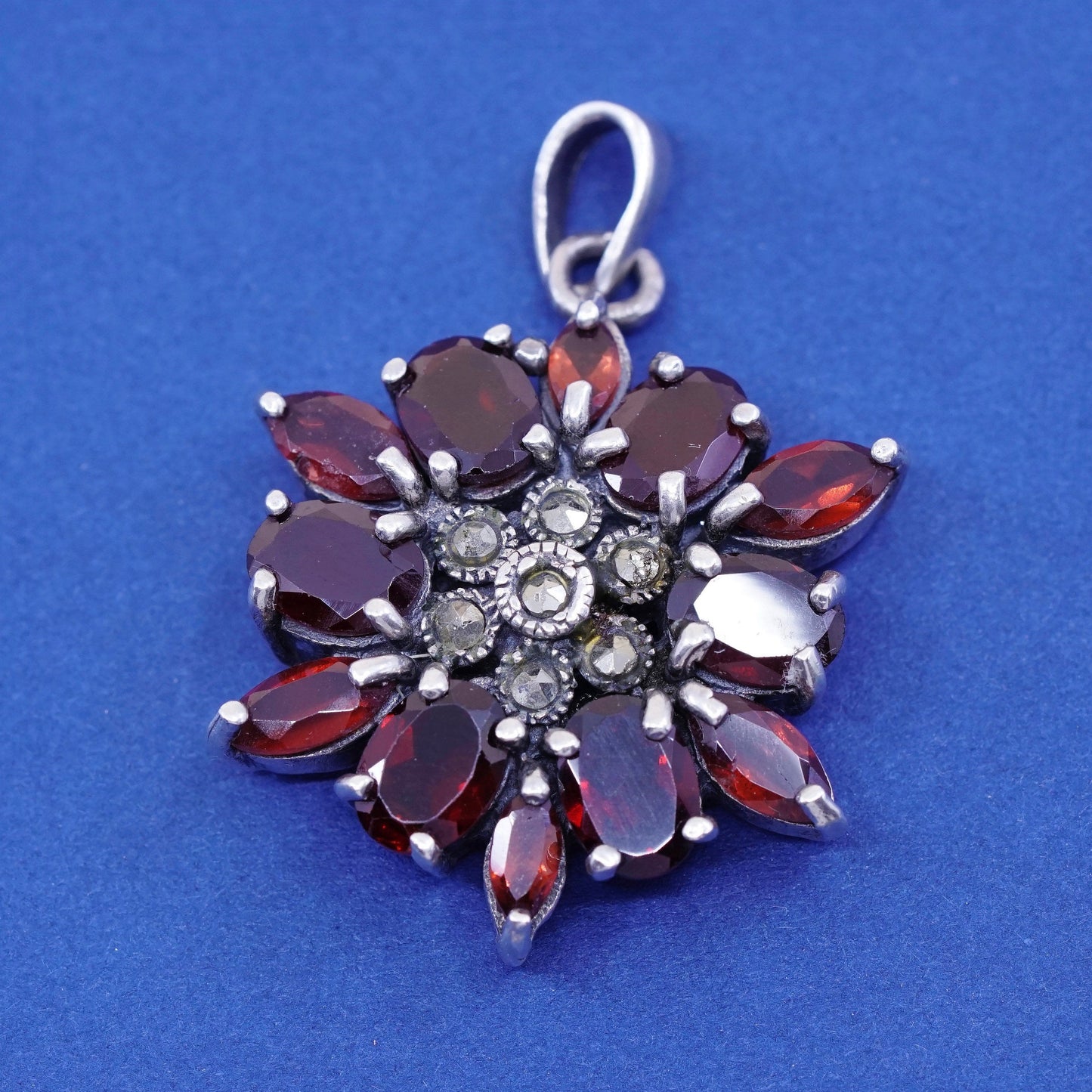 vtg Sterling silver handmade pendant, 925 flower with ruby and Marcasite