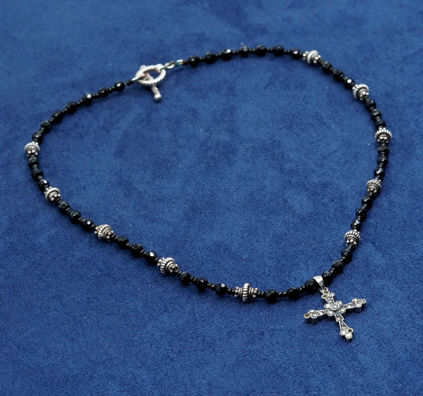 16", Sterling silver necklace, obsidian chain w/ 925 cross pendant N marcasite