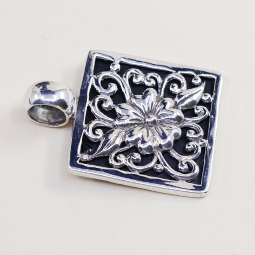 Vtg Sterling 925 Silver Handmade Square Pendant W/ Obsidian N Filigree Flower