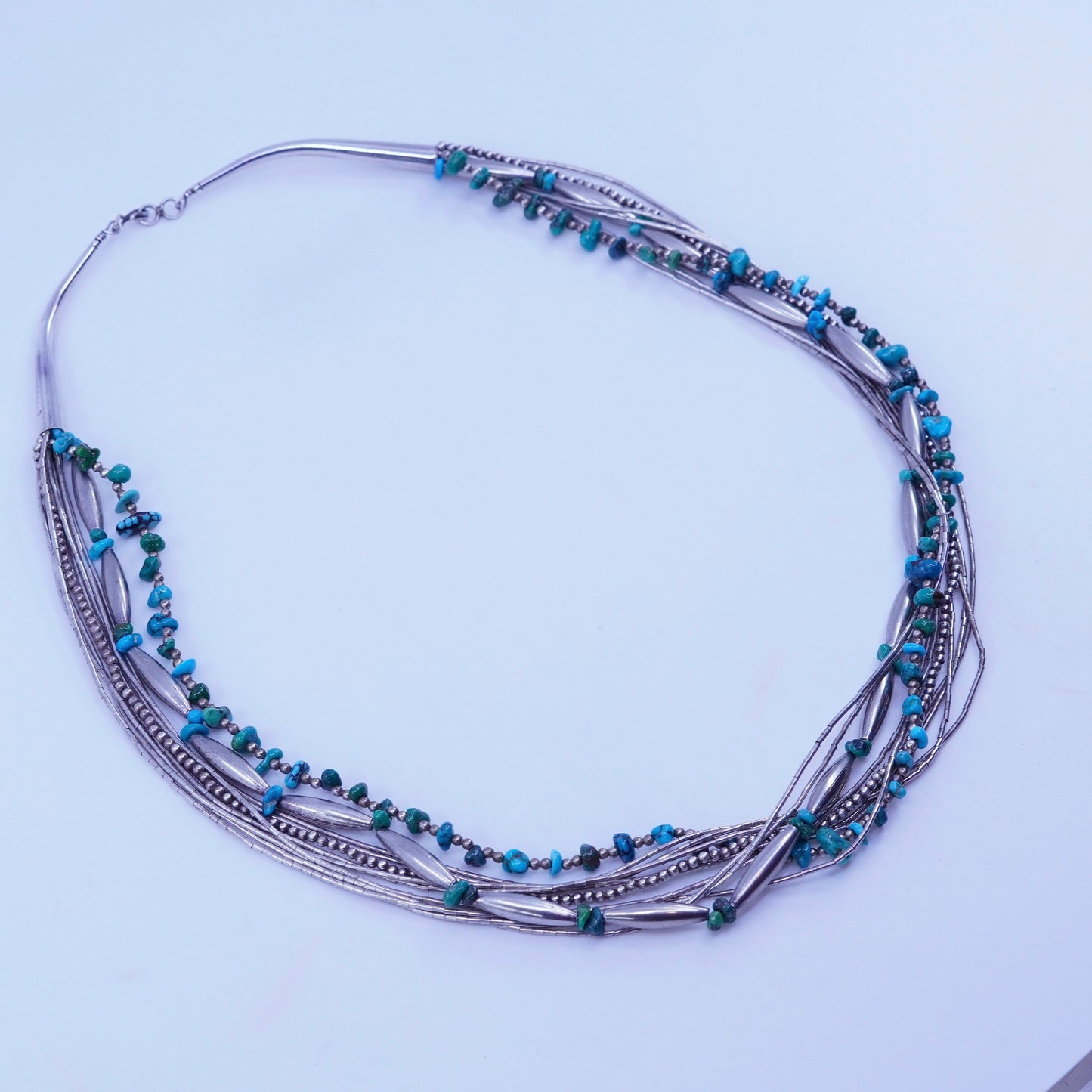 22”, liquid Sterling 925 silver multi strand necklace Native American turquoise