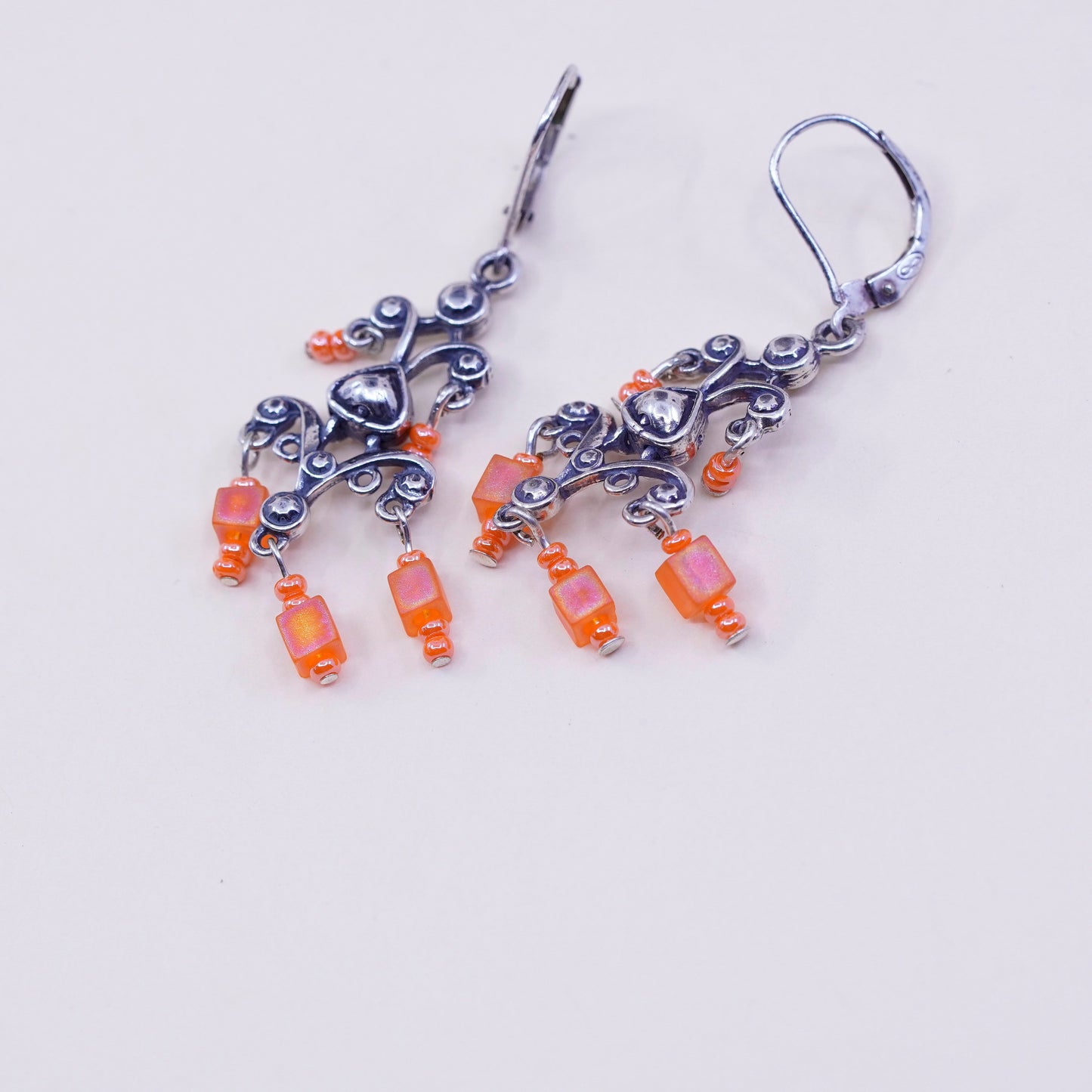 Vintage Sterling silver handmade earrings, 925 filigree heart with orange bead, stamped 925