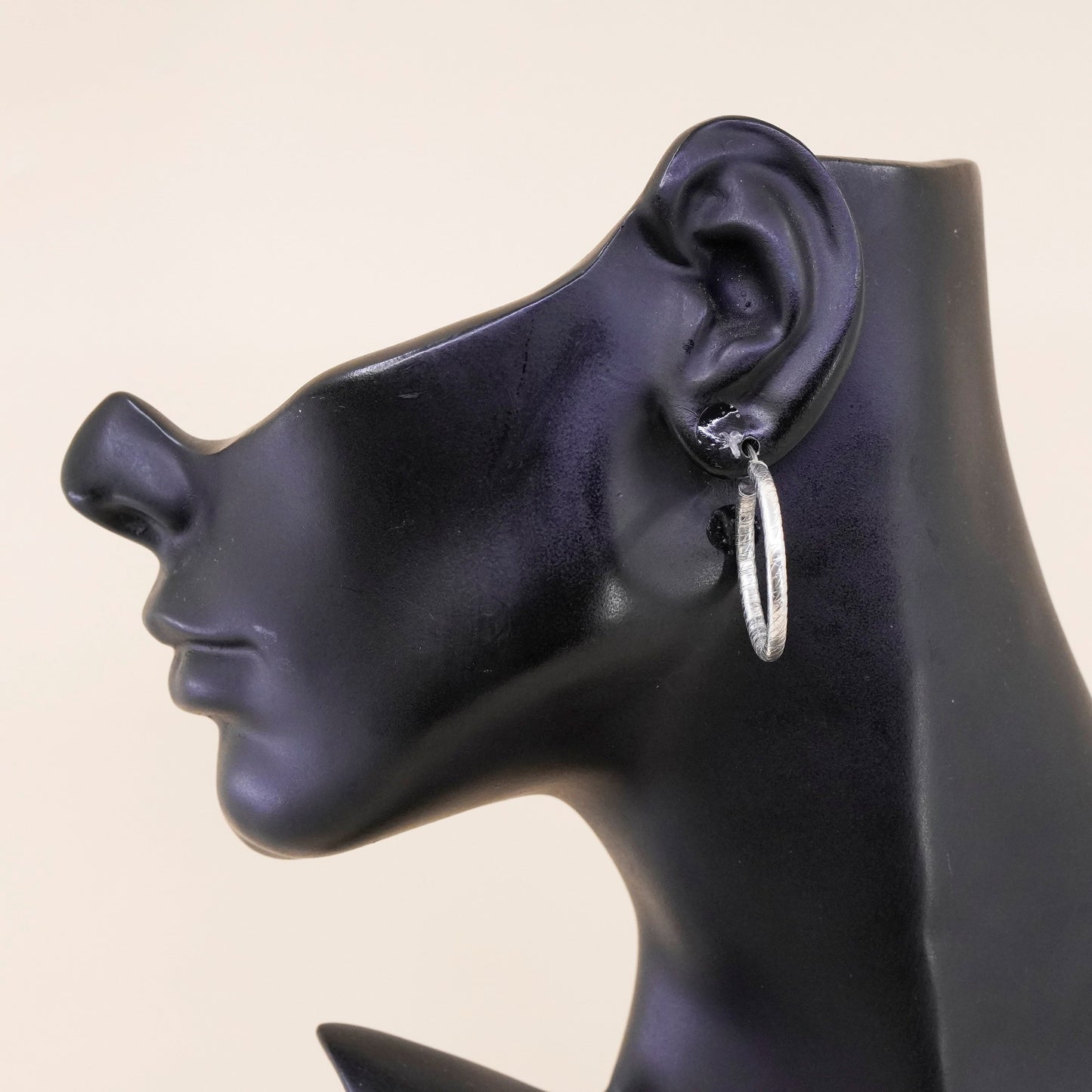 1”, Vintage sterling 925 silver loop earrings textured fashion minimalist hoops
