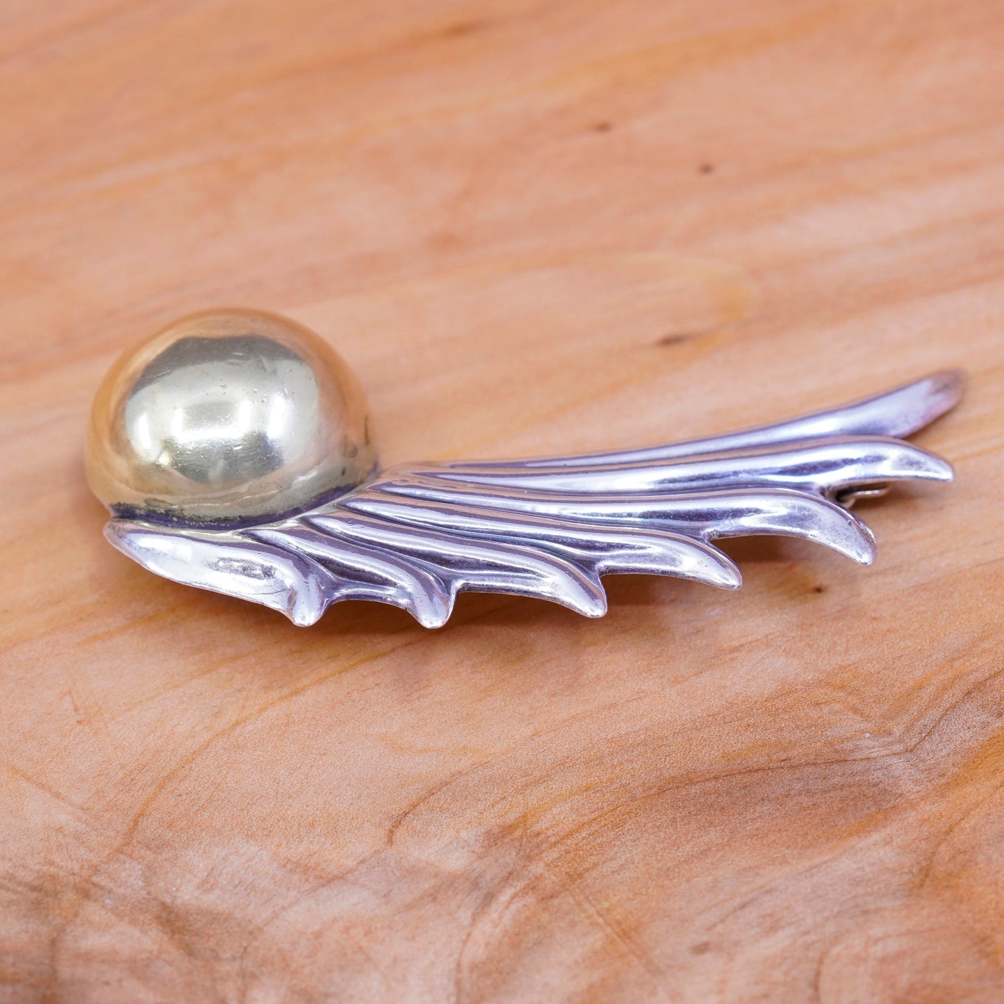 Vintage Mexico two tone sterling 925 silver handmade wing brooch w/ brass bead