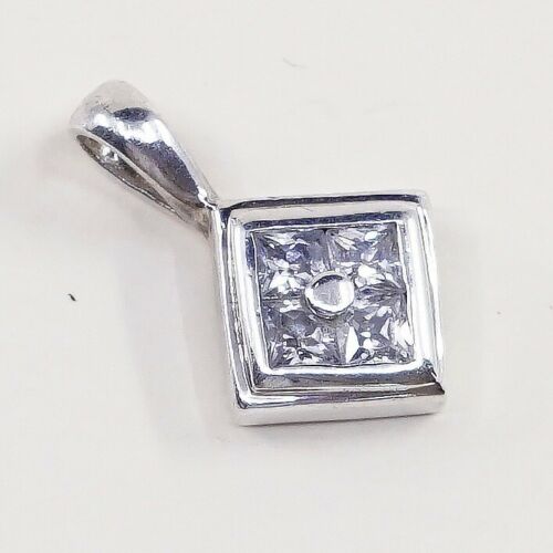 Vintage Minimalist Sterling Silver Modern Pendant, 925 w/ Cz, Stamped 925