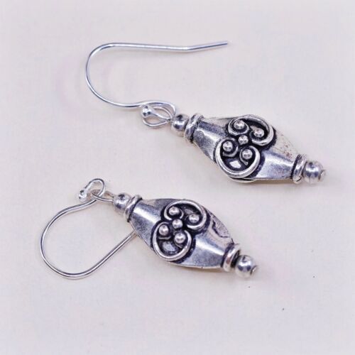 Vtg Sterling Silver Handmade Earrings, Bali Beads Dangles, Stamped 925 On Hooks